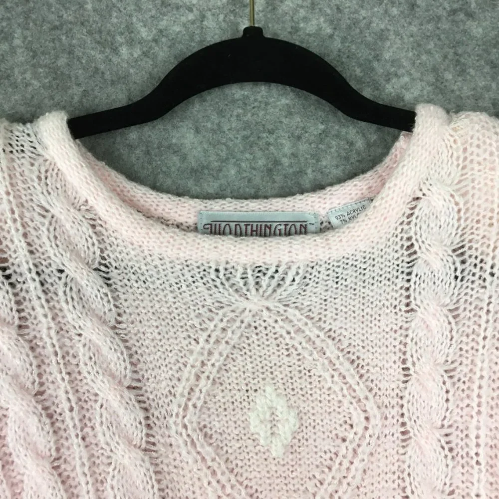 Vintage Grandma Sweater M Pastel Pink Cable Knit Oversized Balloon Sleeve White